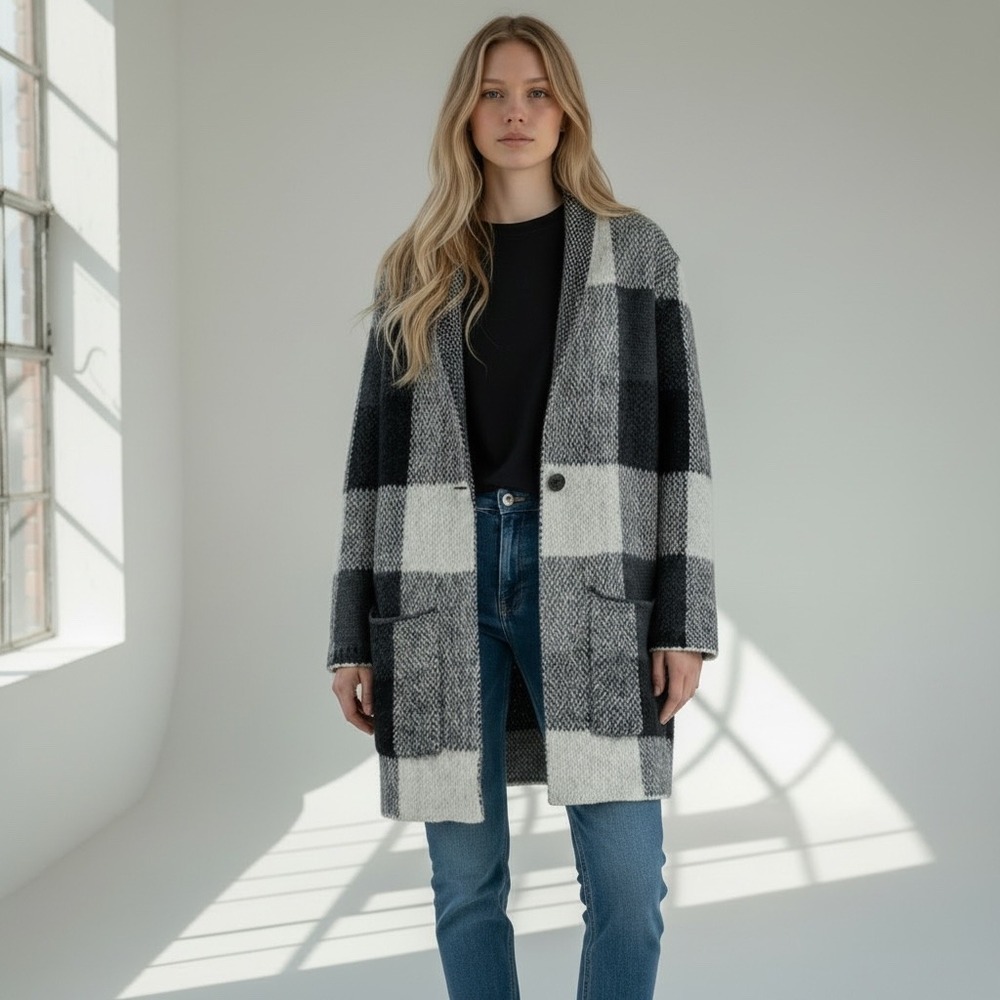 American Eagle Buffalo Plaid Longline Cardigan Sweater Black Grey White L/XLβ